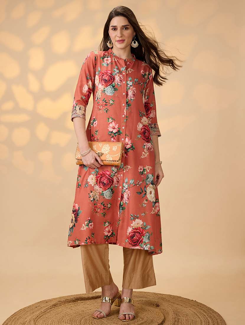 globus women orange mandarin collar embroidered hem sleeves floral print button down a-line festive kurta - 21997967 - Zoom Image - 0