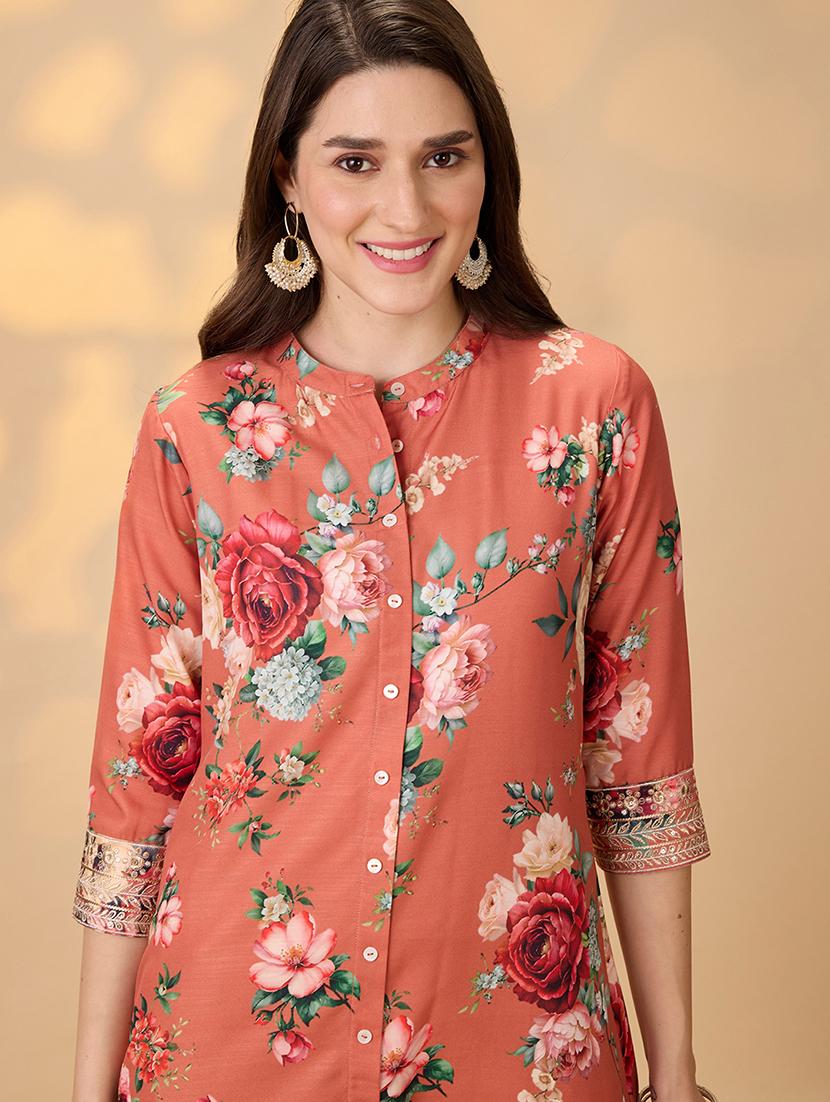 globus women orange mandarin collar embroidered hem sleeves floral print button down a-line festive kurta - 21997967 - Standard Image - 3