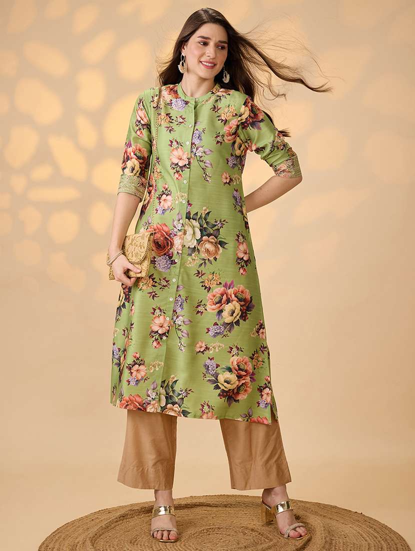 globus women green mandarin collar embroidered hem sleeves floral print button down a-line festive kurta - 21997968 -  Zoom Image - 0