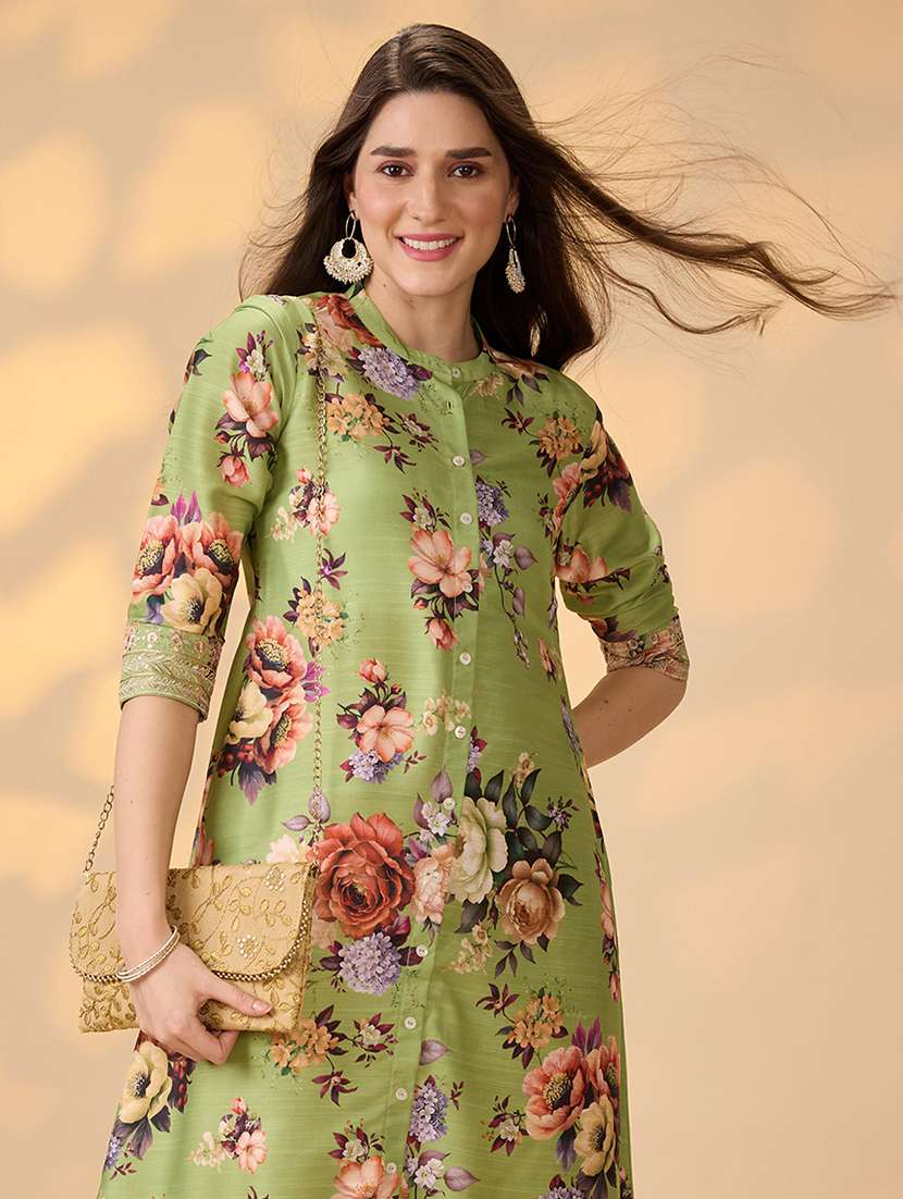 globus women green mandarin collar embroidered hem sleeves floral print button down a-line festive kurta - 21997968 - Standard Image - 3