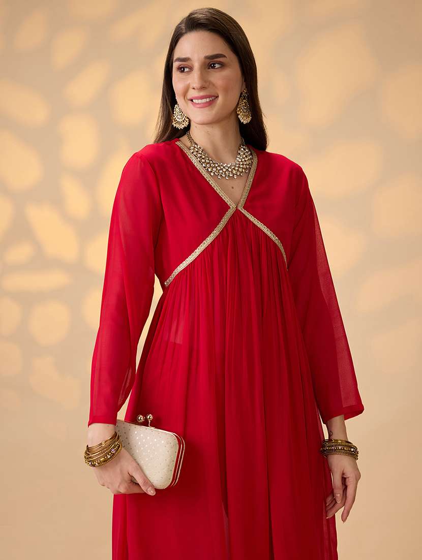 globus women red v-neck gathered gotta patti detail flared a-line alia cut kurta with pants festive set - 21997975 -  Standard Image - 3