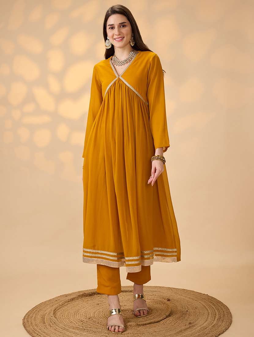 globus women mustard v-neck gathered gotta patti detail flared a-line alia cut kurta with pants festive set