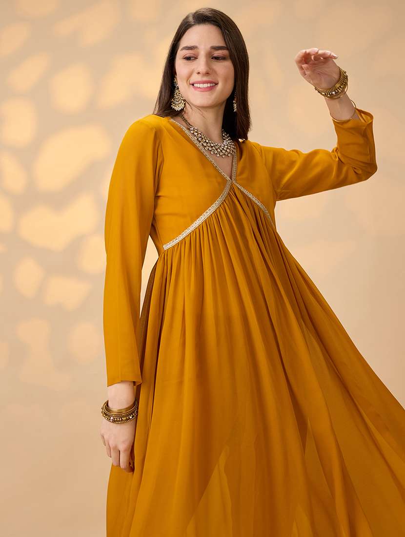 globus women mustard v-neck gathered gotta patti detail flared a-line alia cut kurta with pants festive set - 21997976 -  Standard Image - 3