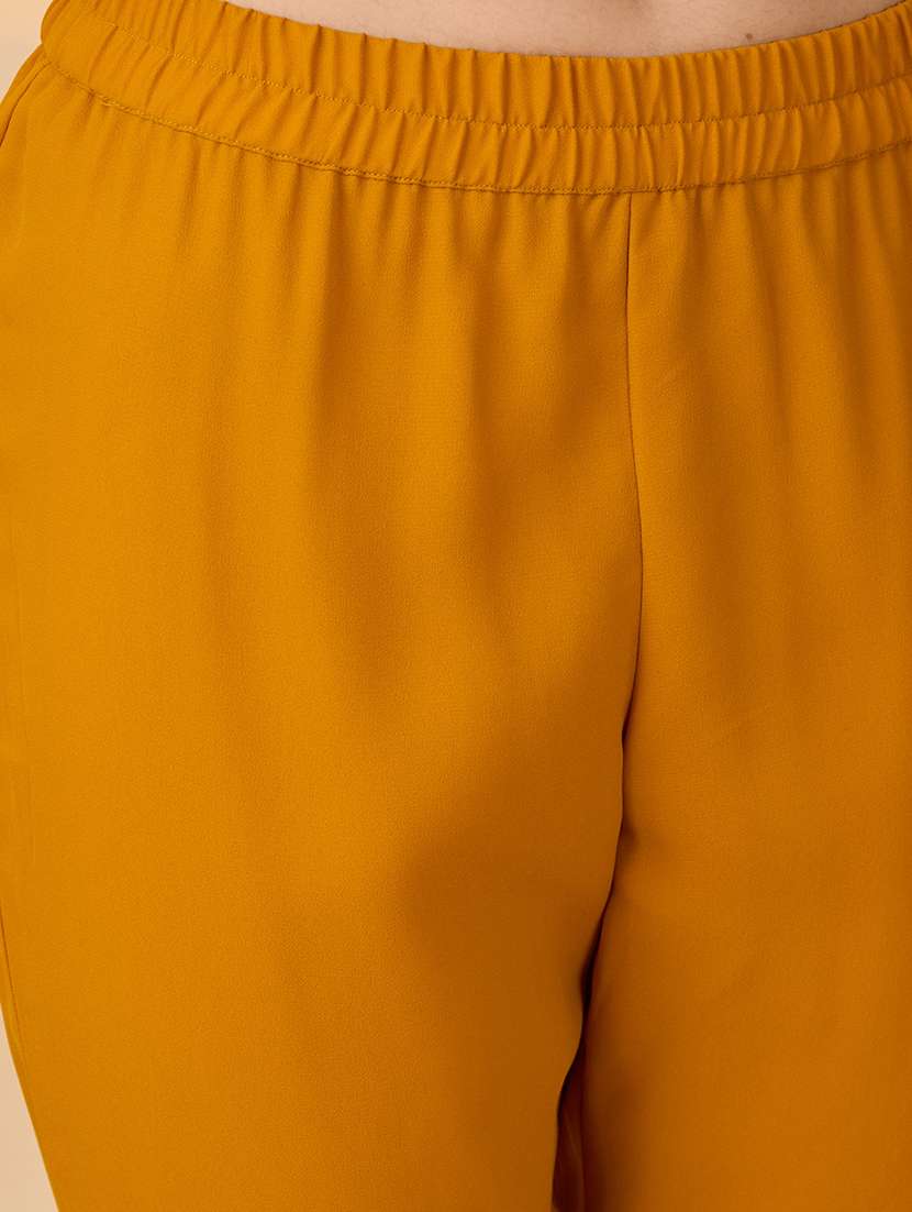 globus women mustard v-neck gathered gotta patti detail flared a-line alia cut kurta with pants festive set - 21997976 -  Standard Image - 5