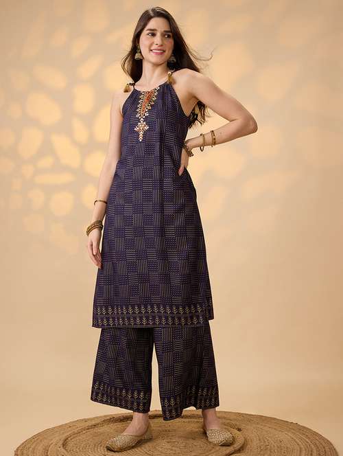 globus women navy blue embroidered yoke halter neck tie-up shoulder straps gold foil printed a-line kurta with pants festive set
