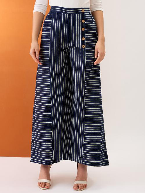 globus women indigo variegated stripes button detail mid-rise flared fusion palazzos - 21997980 - Standard Image - 0