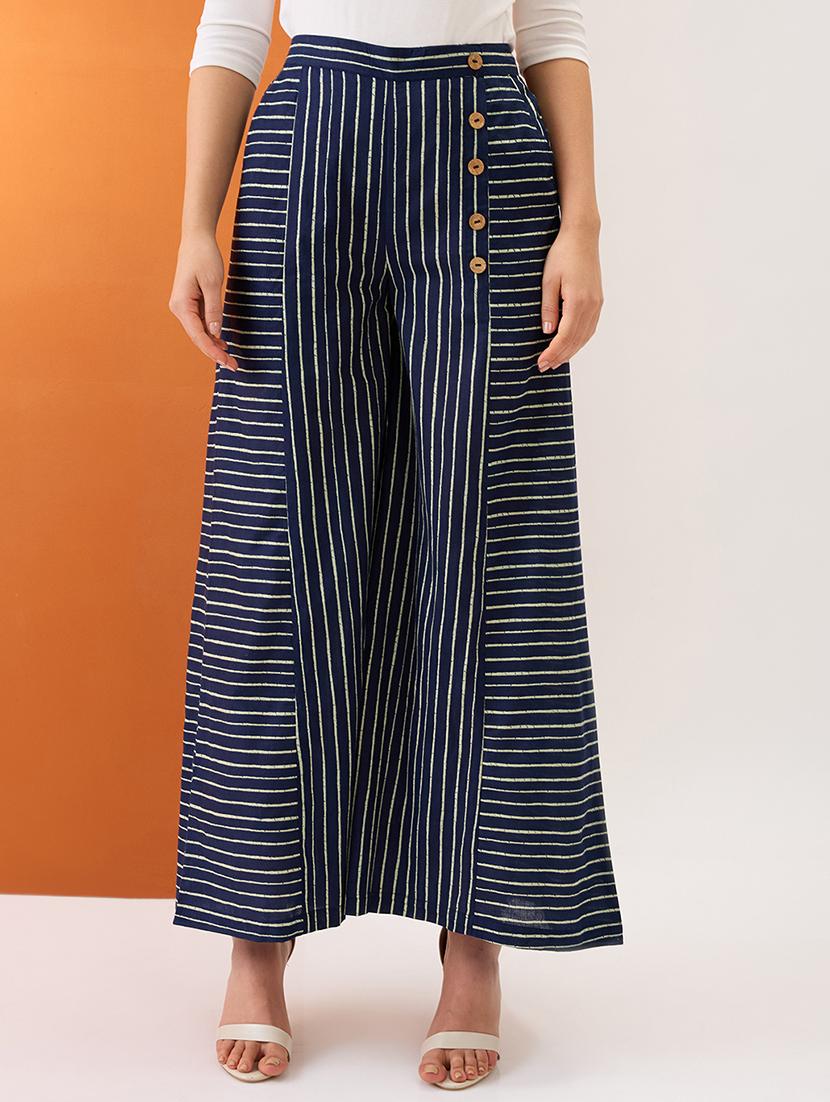 globus women indigo variegated stripes button detail mid-rise flared fusion palazzos - 21997980 - Zoom Image - 0