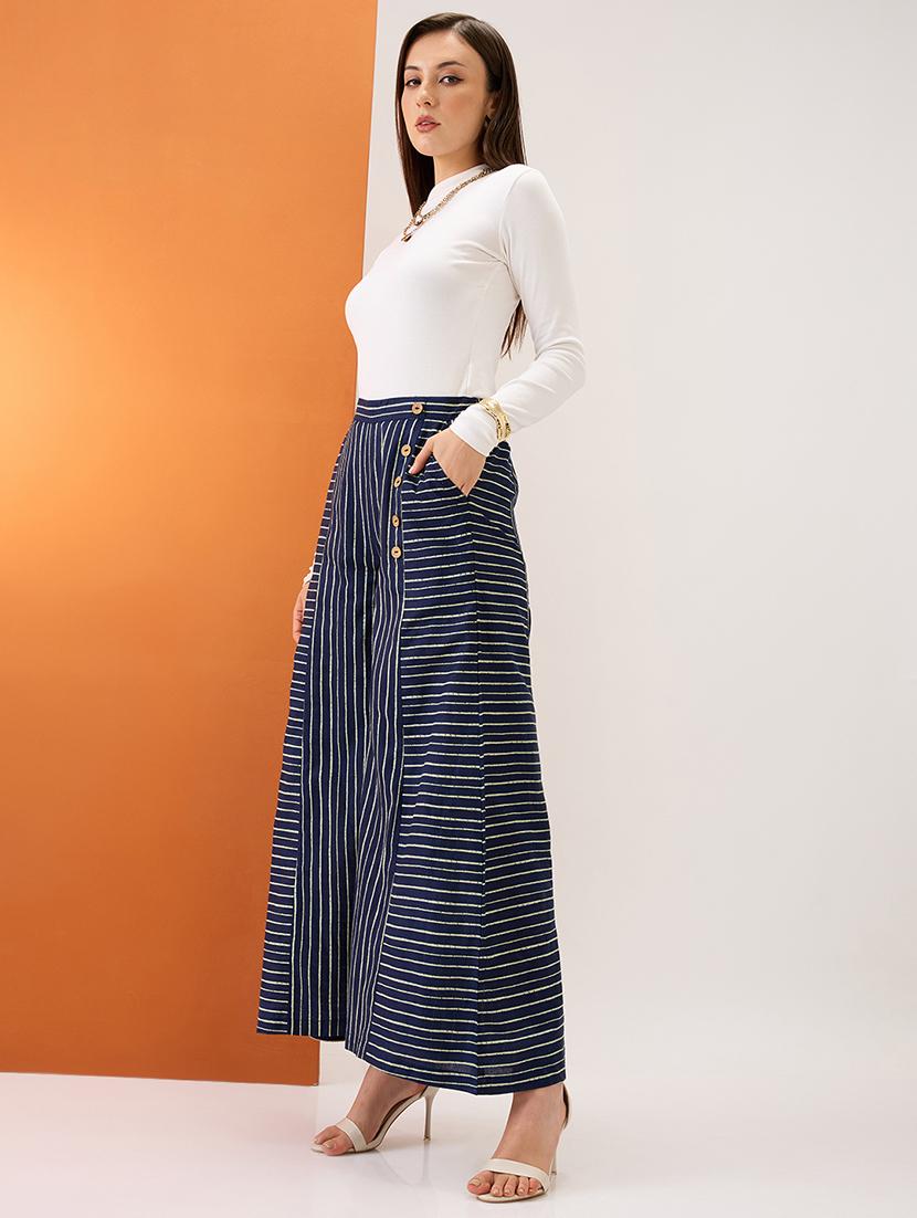 globus women indigo variegated stripes button detail mid-rise flared fusion palazzos - 21997980 - Standard Image - 3