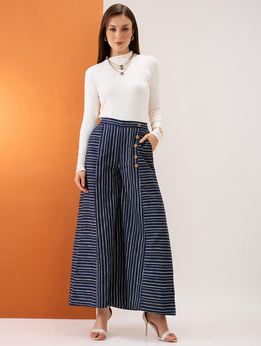 globus women indigo variegated stripes button detail mid-rise flared fusion palazzos - 21997980 - Standard Image - 5