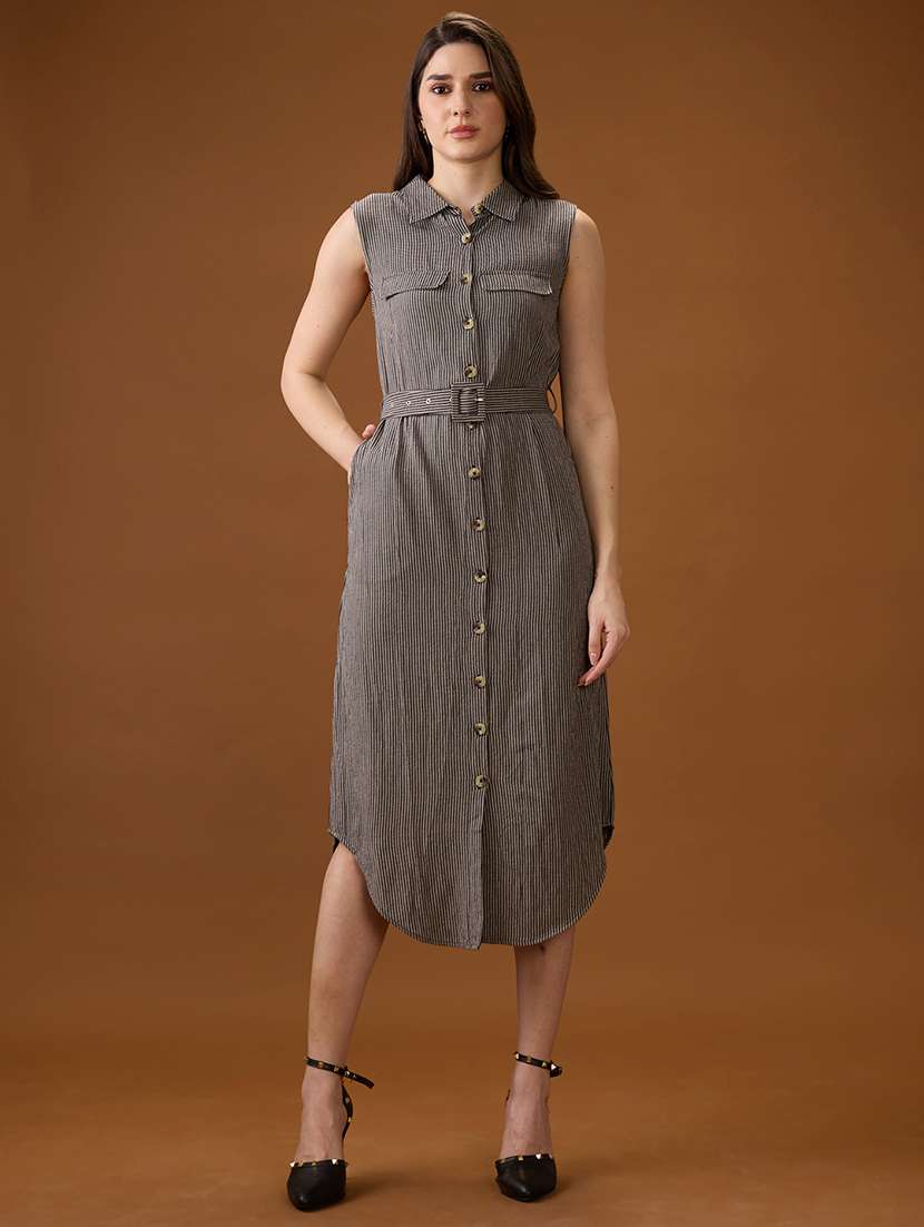 globus women black collared neck sleeveless checkered curved hem midi shirt style dress with belt