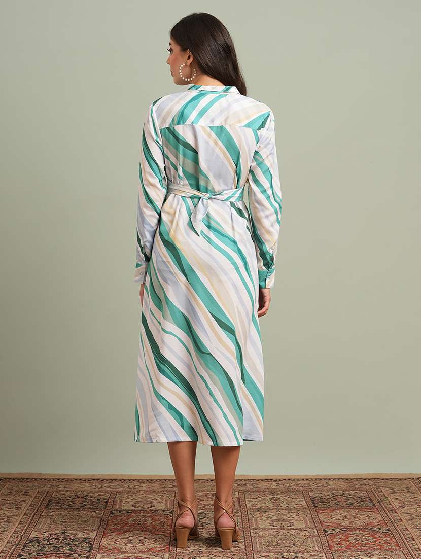 globus women green collared neck cuffed sleeves abstract print criss cross tie-up detail midi shirt dress - 21997986 -  Standard Image - 3