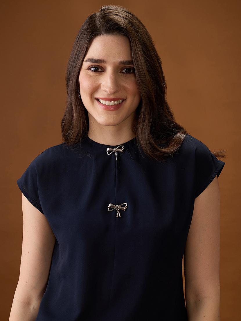 globus women navy blue round neck extended sleeve solid bow detail top - 21997987 - Standard Image - 3