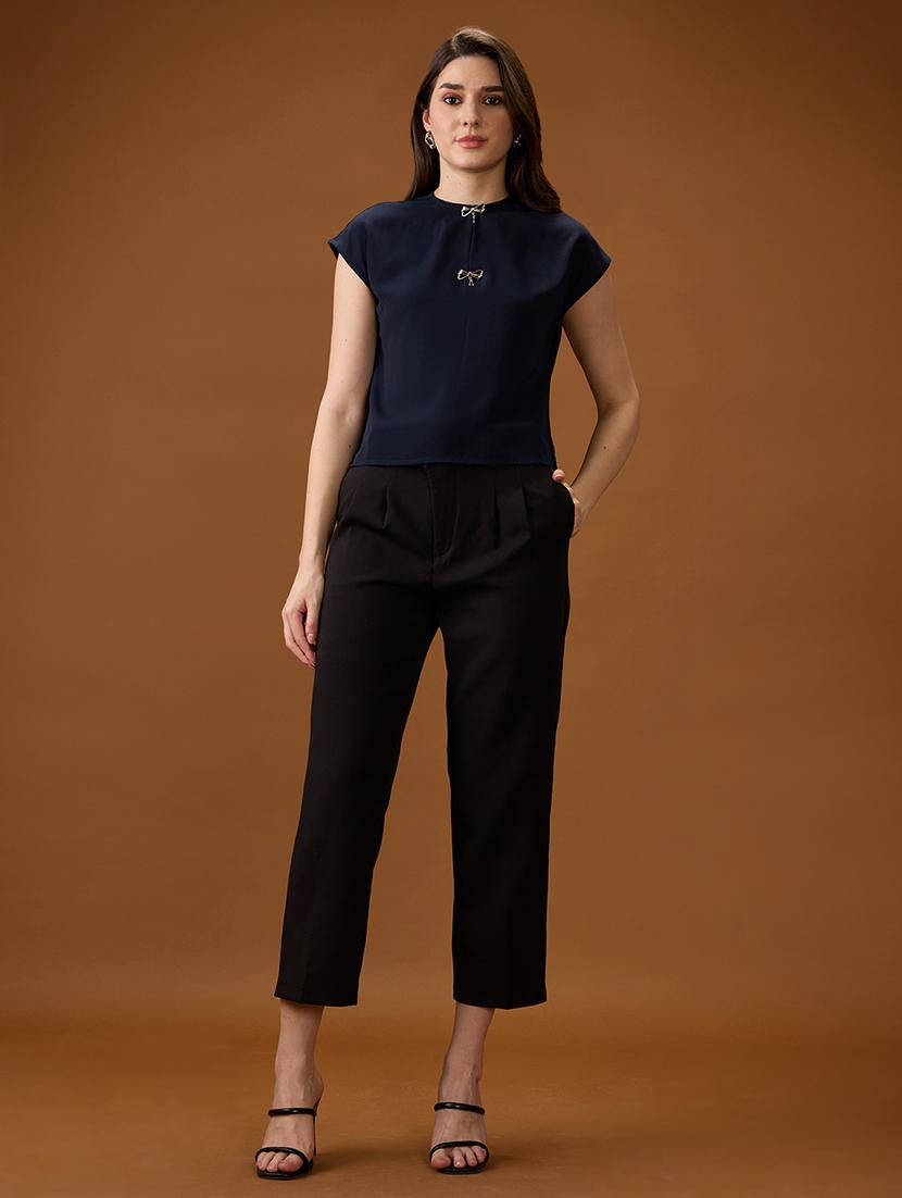globus women navy blue round neck extended sleeve solid bow detail top - 21997987 - Standard Image - 5