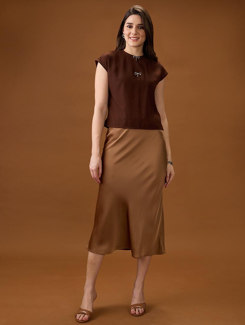 globus women brown round neck extended sleeve solid bow detail top - 21997988 - Standard Image - 3