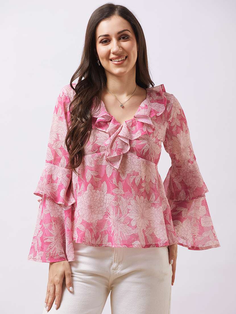 globus women pink v-neck flared sleeves floral print ruffle detail georgette a-line top - 21997992 -  Zoom Image - 0