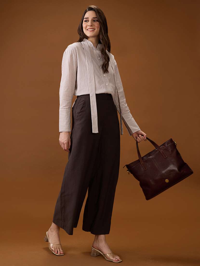 globus women brown mandarin collar cuffed sleeves striped tie detail high-low hem workwear shirt - 21997993 -  Standard Image - 3