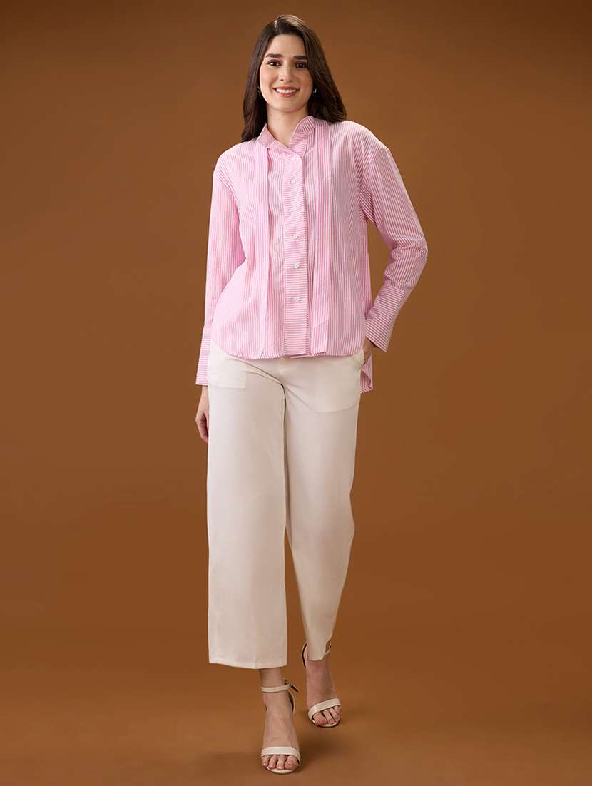 globus women pink mandarin collar cuffed sleeves striped tie detail high-low hem workwear shirt - 21997994 -  Standard Image - 3