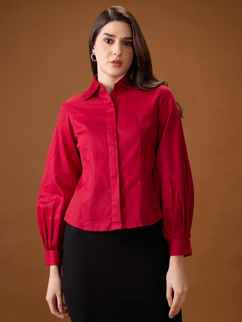 globus women maroon collared neck pleated cuffed sleeves solid curved hem workwear shirt - 21997995 - Zoom Image - 0