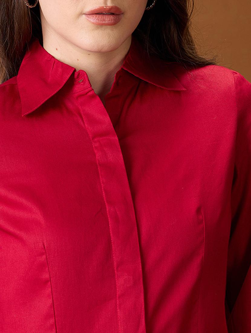 globus women maroon collared neck pleated cuffed sleeves solid curved hem workwear shirt - 21997995 - Standard Image - 3