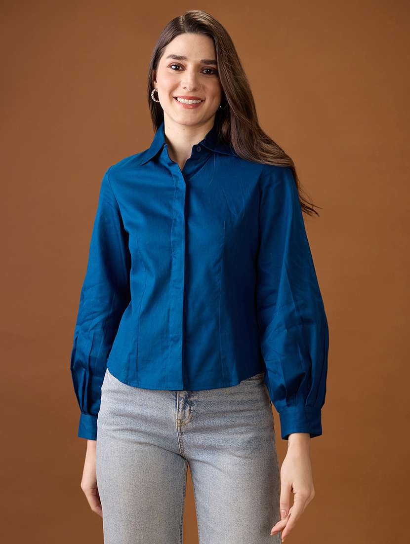 globus women navy blue collared neck pleated cuffed sleeves solid curved hem workwear shirt