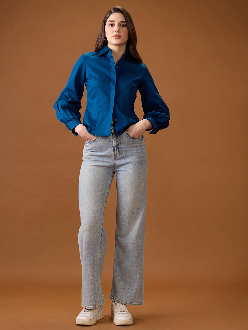 globus women navy blue collared neck pleated cuffed sleeves solid curved hem workwear shirt - 21997996 -  Standard Image - 3