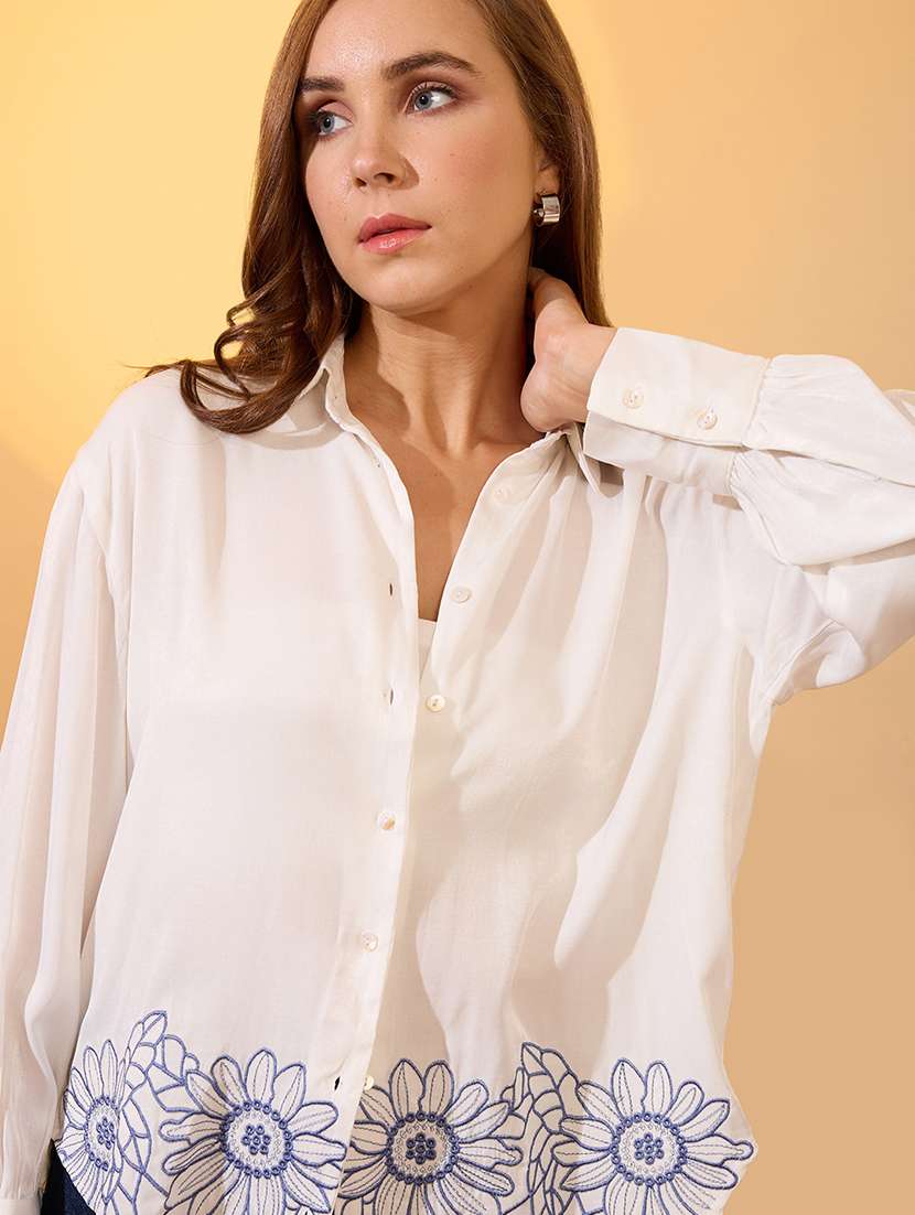 globus women white floral embroidered collared neck cuffed sleeves resort shirt - 21997998 - Zoom Image - 0