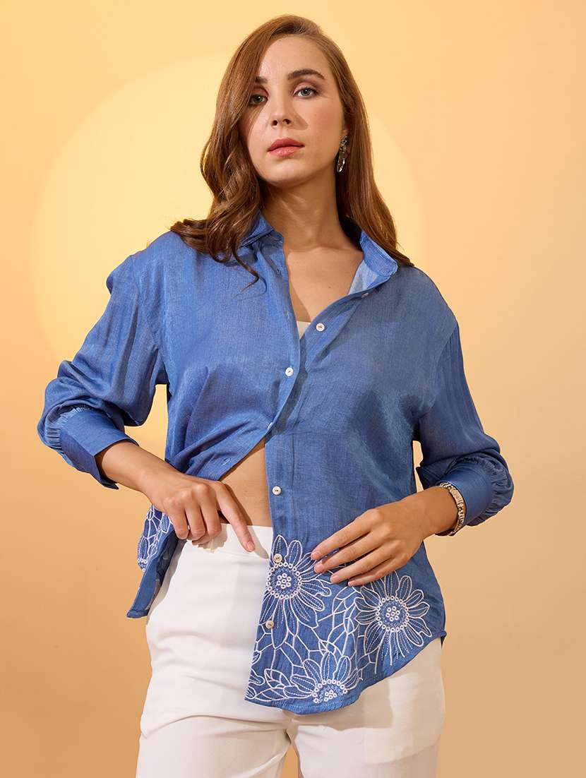 globus women navy blue floral embroidered collared neck cuffed sleeves resort shirt - 21997999 -  Zoom Image - 0