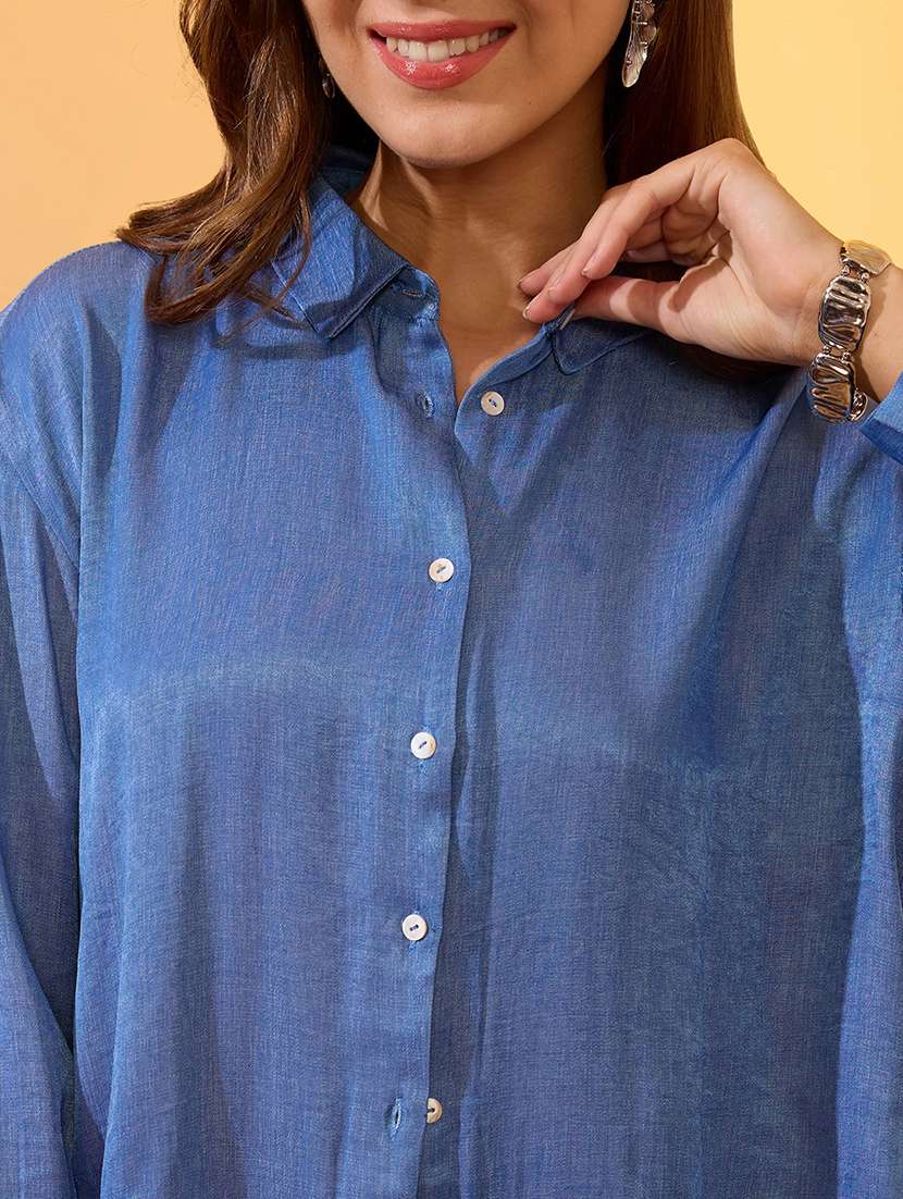 globus women navy blue floral embroidered collared neck cuffed sleeves resort shirt - 21997999 - Standard Image - 3