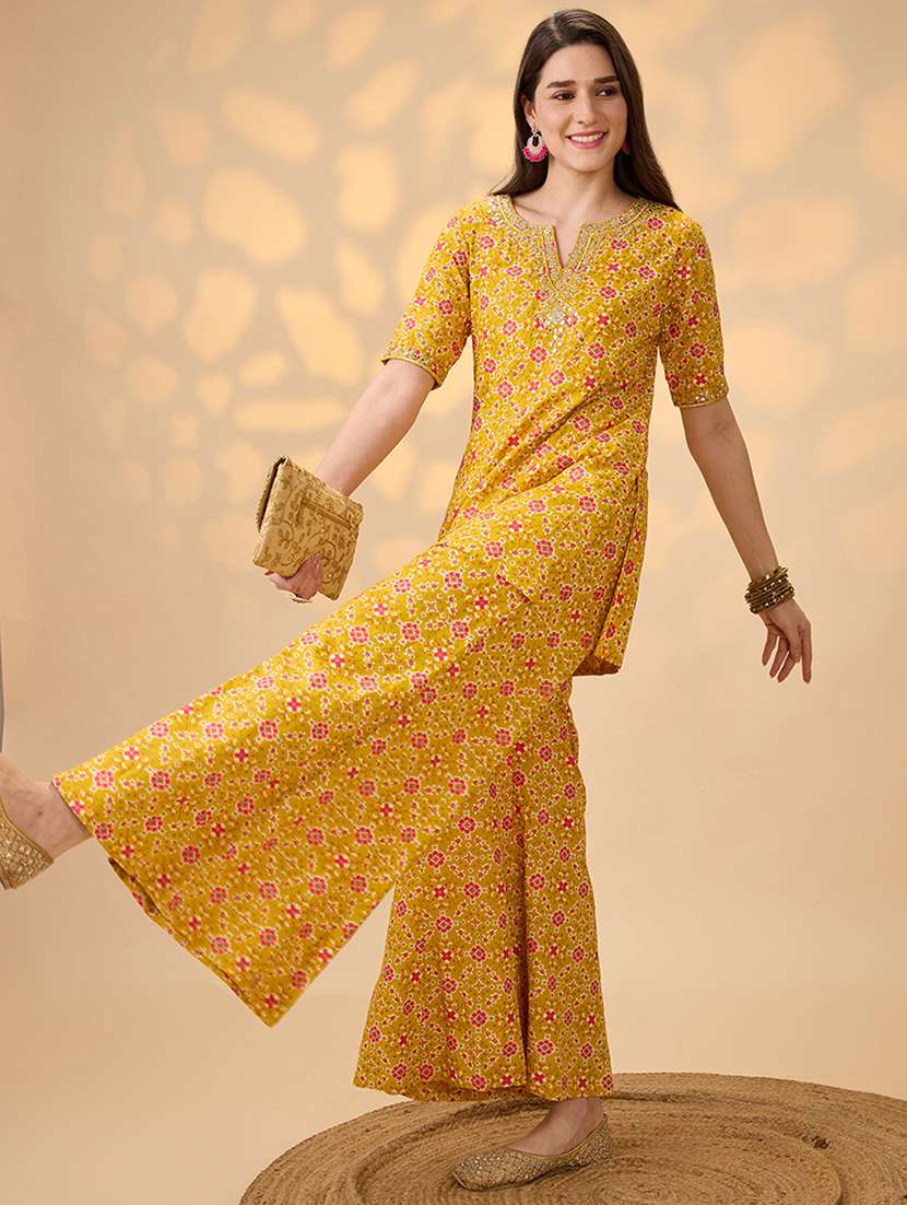 globus women mustard embroidered & mirror work yoke ethnic print kurti with palazzos festive co-ord set