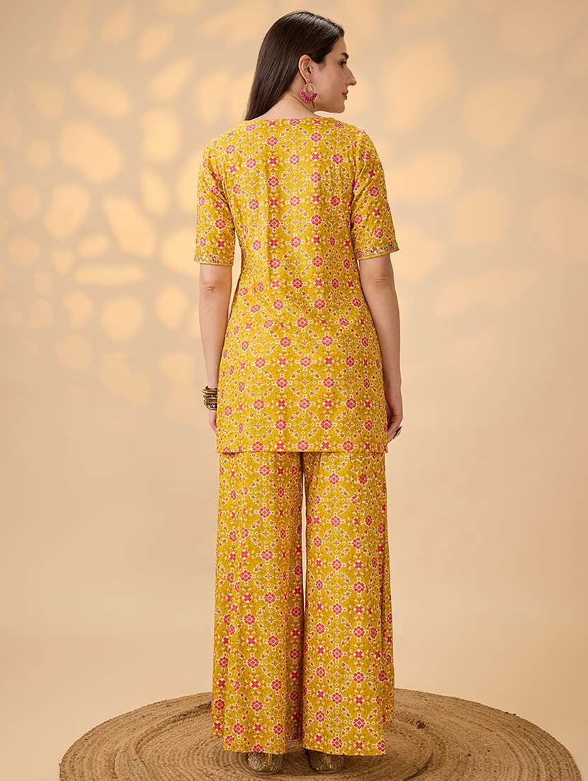 globus women mustard embroidered & mirror work yoke ethnic print kurti with palazzos festive co-ord set - 21998000 -  Standard Image - 3