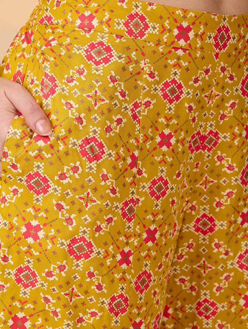 globus women mustard embroidered & mirror work yoke ethnic print kurti with palazzos festive co-ord set - 21998000 -  Standard Image - 5