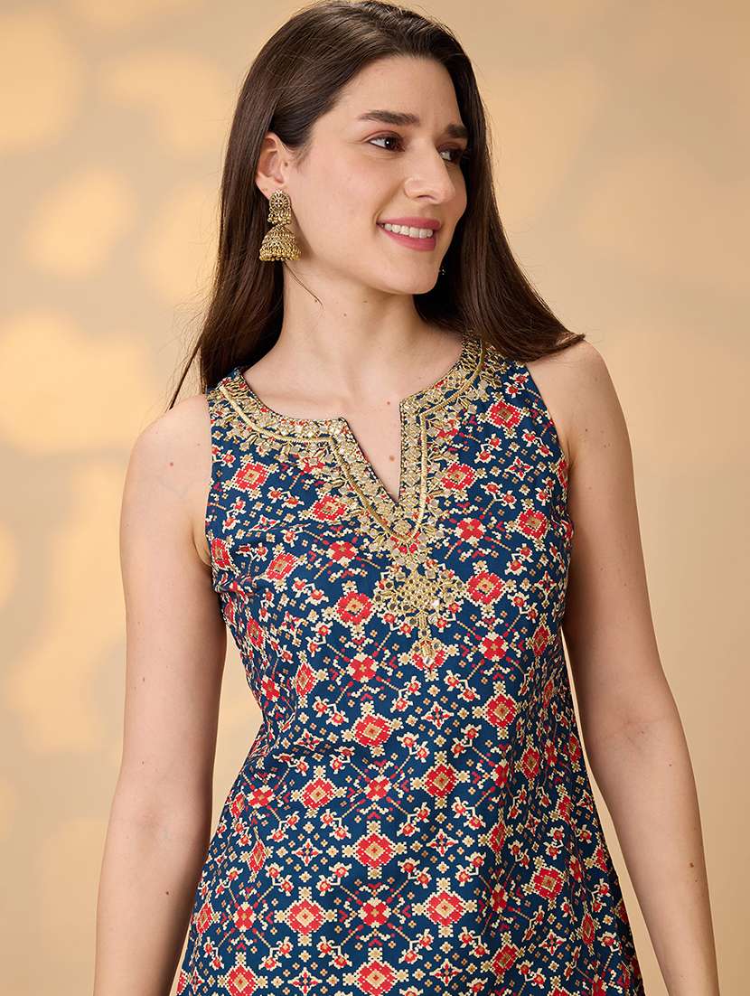 globus women navy blue embroidered & mirror work yoke ethnic print kurti with palazzos festive co-ord set - 21998001 -  Standard Image - 3