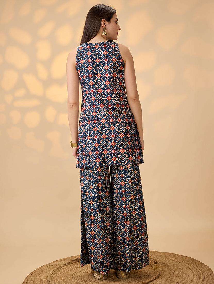 globus women navy blue embroidered & mirror work yoke ethnic print kurti with palazzos festive co-ord set - 21998001 -  Standard Image - 3