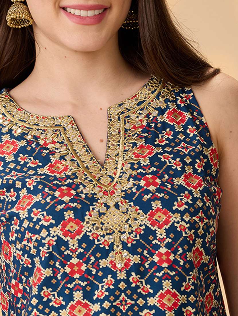 globus women navy blue embroidered & mirror work yoke ethnic print kurti with palazzos festive co-ord set - 21998001 -  Standard Image - 5