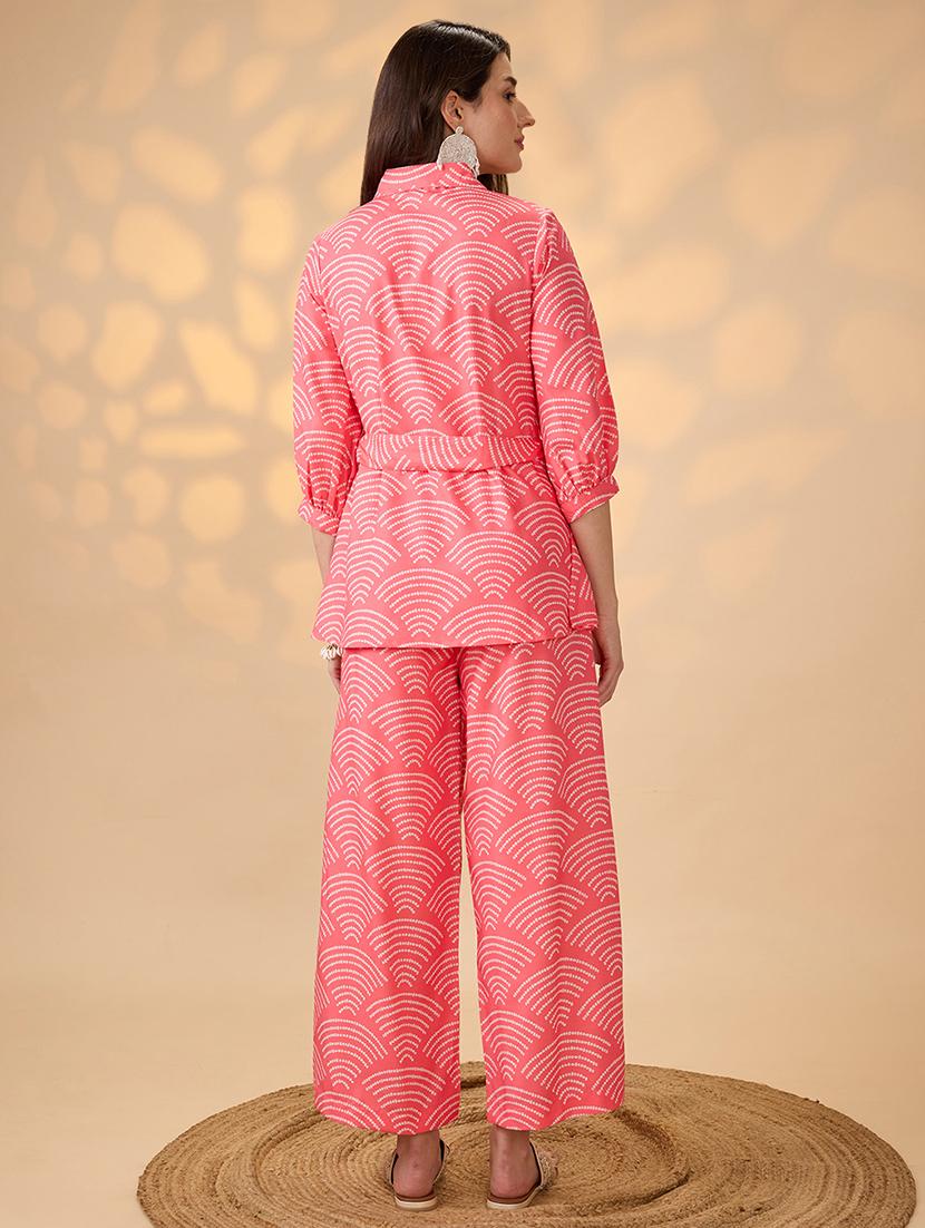 globus women coral shirt collar puff sleeves abstract print tunic with palazzos & embroidered belt fusion co-ord set - 21998002 - Standard Image - 3