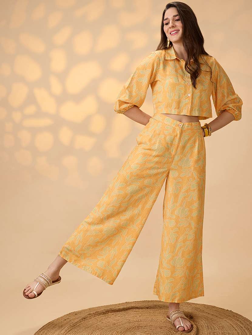 globus women yellow collared neck bishop sleeves floral print crop shirt with palazzos fusion co-ord set
