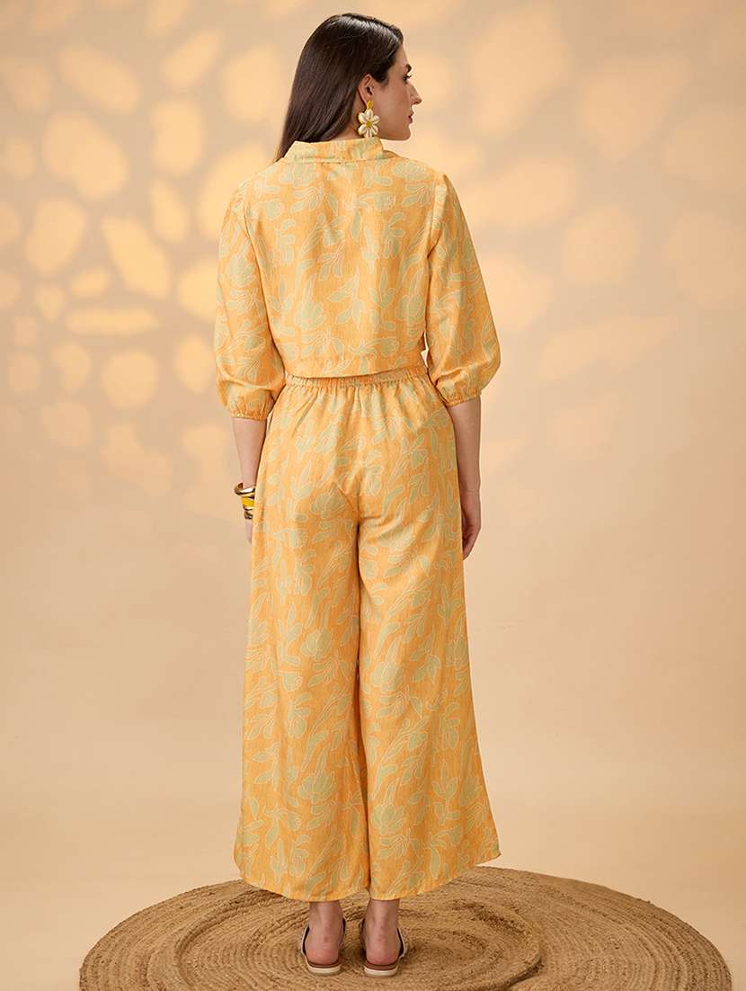 globus women yellow collared neck bishop sleeves floral print crop shirt with palazzos fusion co-ord set - 21998003 -  Standard Image - 3