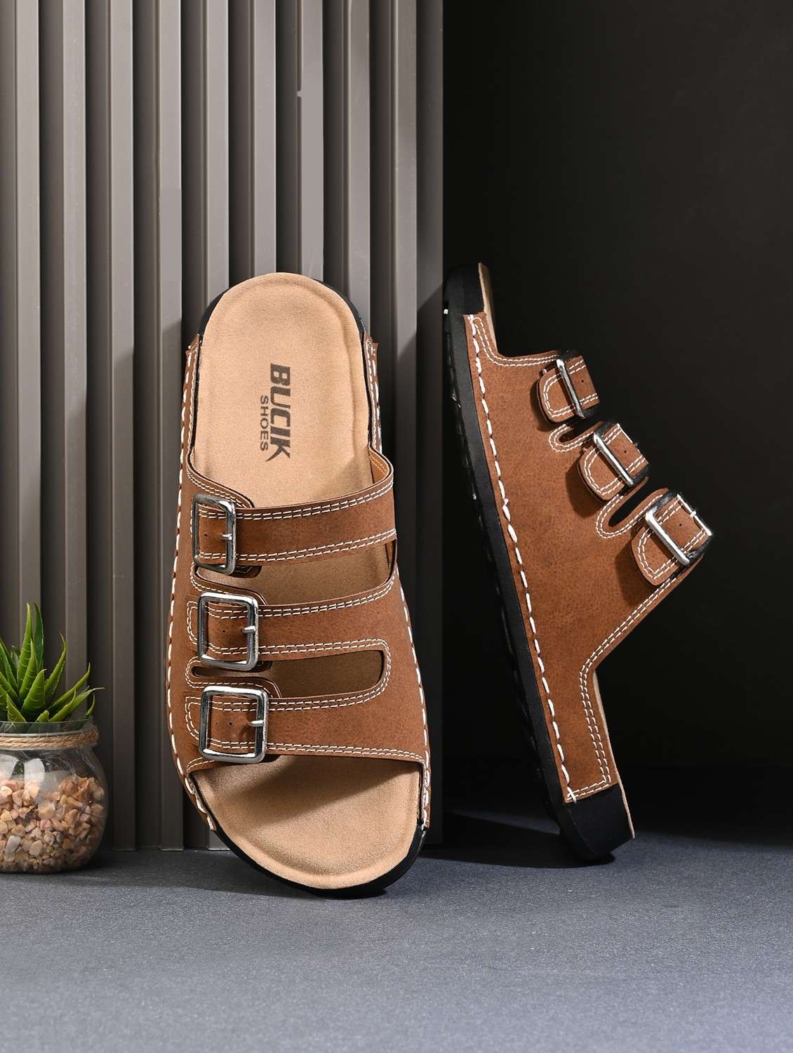 men tan slip on sandal