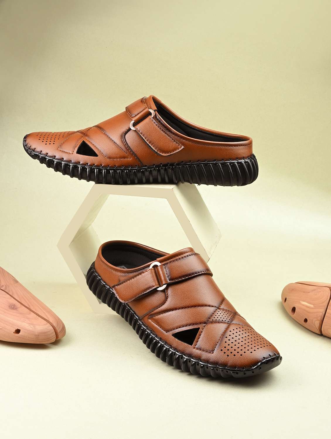 men tan slip on sandal