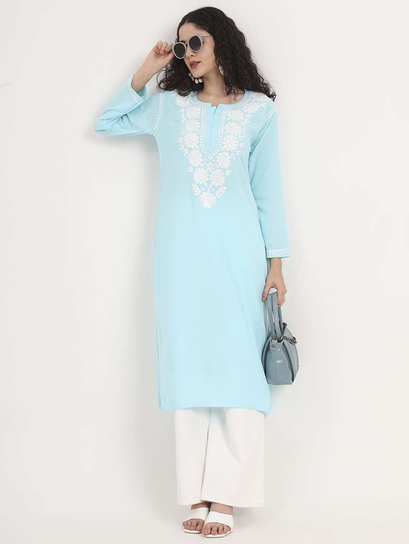 women solid with work long sleeve straight chikankari kurta - 21998103 - Zoom Image - 0