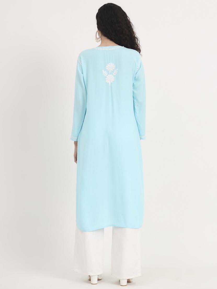 women solid with work long sleeve straight chikankari kurta - 21998103 - Standard Image - 3