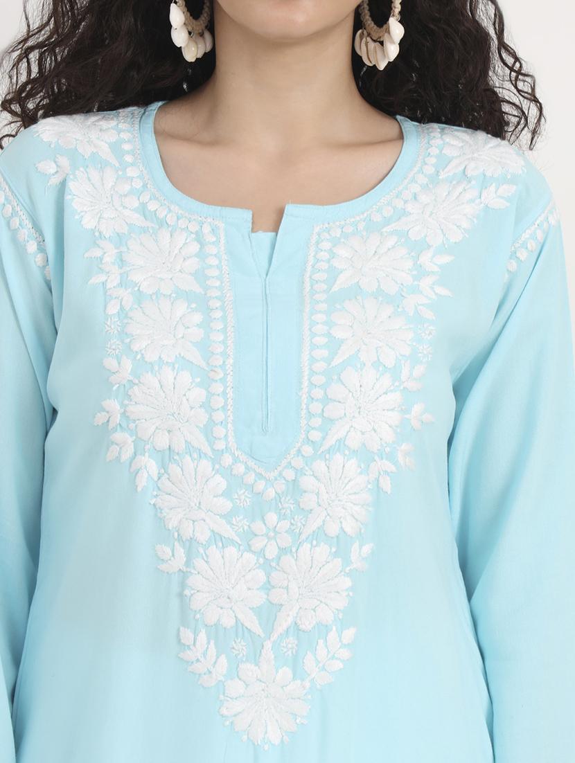 women solid with work long sleeve straight chikankari kurta - 21998103 - Standard Image - 5