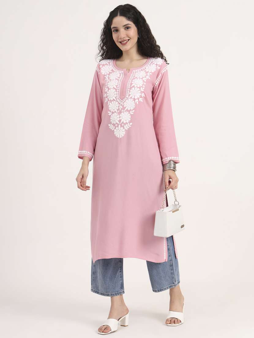 women solid with work long sleeve straight chikankari kurta - 21998104 - Zoom Image - 0
