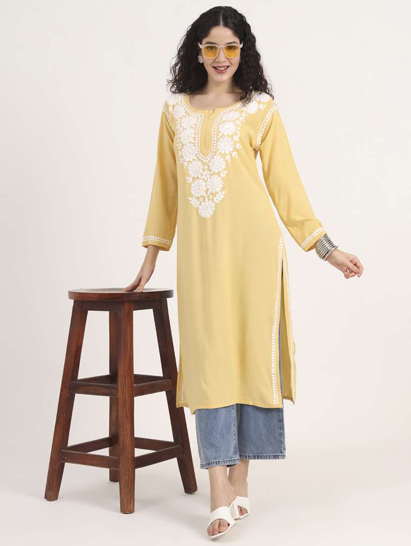 women solid with work long sleeve straight chikankari kurta - 21998105 - Zoom Image - 0
