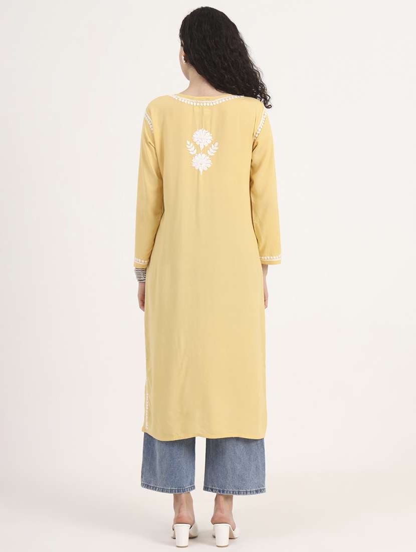 women solid with work long sleeve straight chikankari kurta - 21998105 - Standard Image - 3