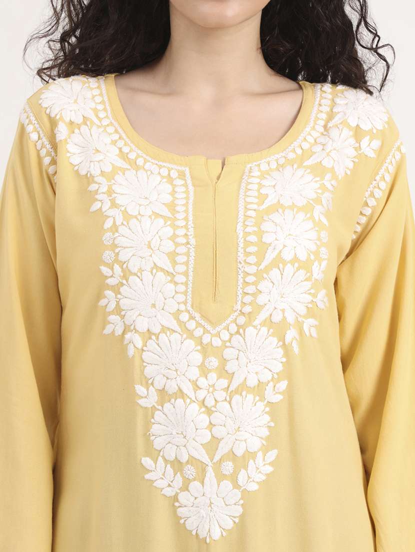 women solid with work long sleeve straight chikankari kurta - 21998105 - Standard Image - 5