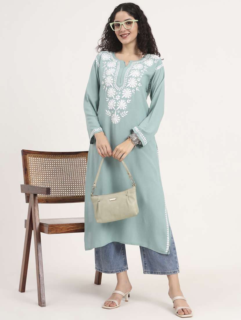 women solid with work long sleeve straight chikankari kurta - 21998106 - Zoom Image - 0