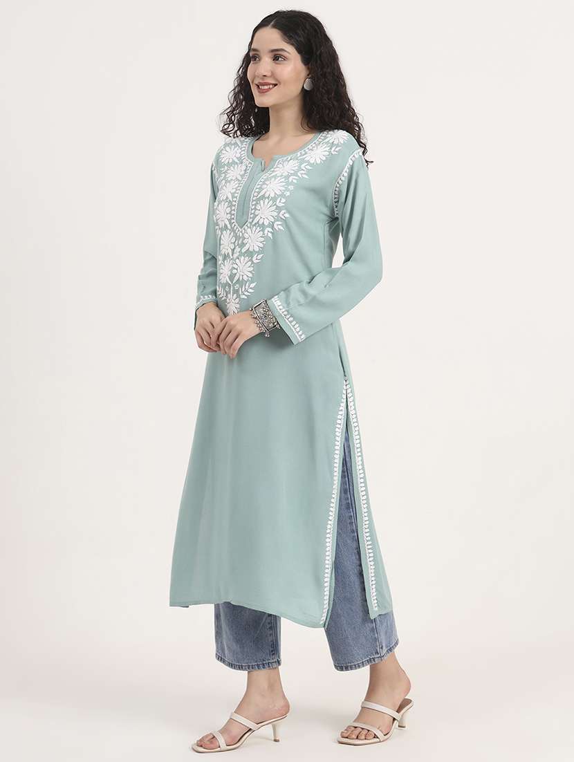 women solid with work long sleeve straight chikankari kurta - 21998106 - Standard Image - 3