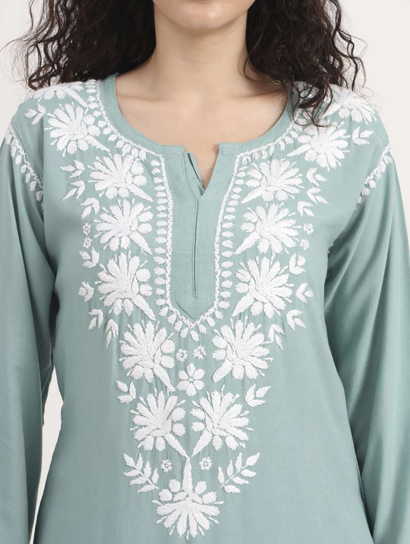women solid with work long sleeve straight chikankari kurta - 21998106 - Standard Image - 5