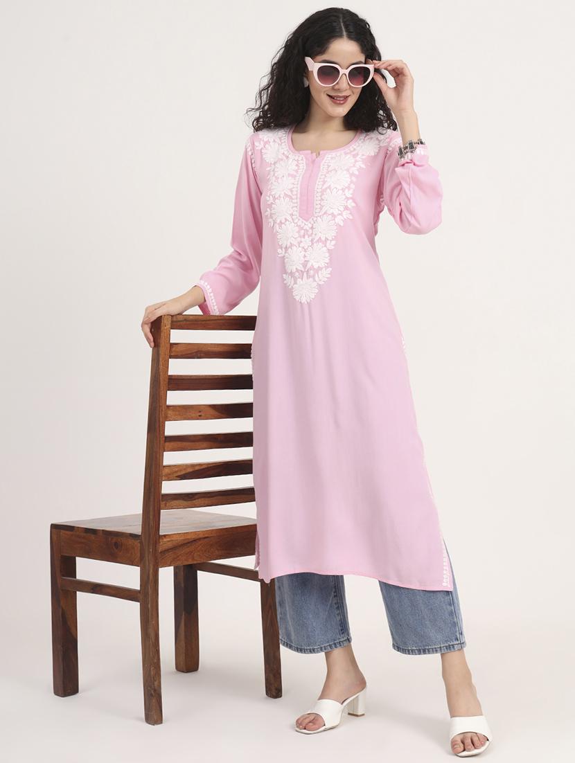 women solid with work long sleeve straight chikankari kurta - 21998107 - Zoom Image - 0